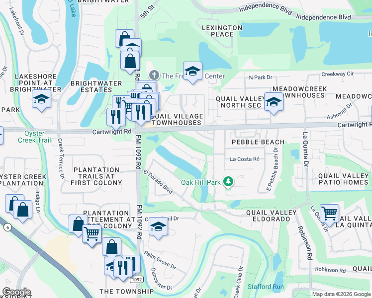 map of restaurants, bars, coffee shops, grocery stores, and more near 3602 La Costa Road in Missouri City