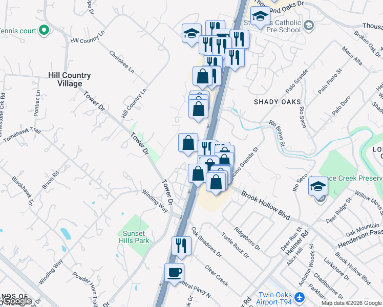 map of restaurants, bars, coffee shops, grocery stores, and more near 15315 San Pedro Avenue in Hill Country Village