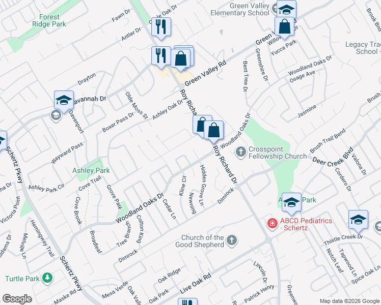 map of restaurants, bars, coffee shops, grocery stores, and more near 2816 Hidden Grove Lane in Schertz