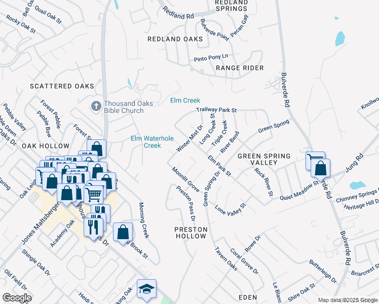 map of restaurants, bars, coffee shops, grocery stores, and more near 15406 Elm Park Street in San Antonio
