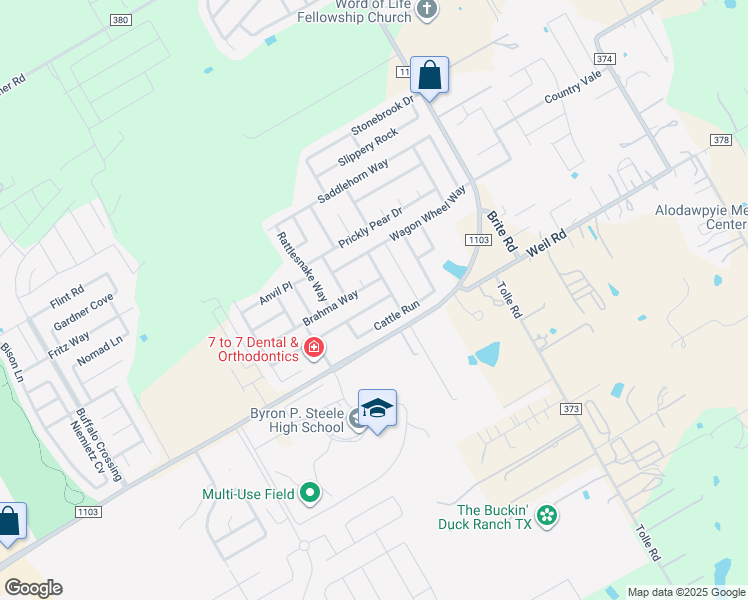 map of restaurants, bars, coffee shops, grocery stores, and more near 332 Longhorn Way in Cibolo