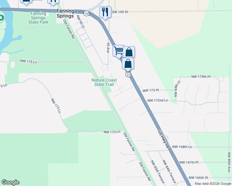 map of restaurants, bars, coffee shops, grocery stores, and more near 17448 Northwest 89th Terrace in Fanning Springs