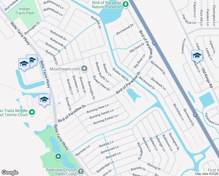 map of restaurants, bars, coffee shops, grocery stores, and more near 43 Bunker View Drive in Palm Coast
