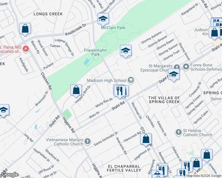 map of restaurants, bars, coffee shops, grocery stores, and more near 15413 O'Connor Road in San Antonio