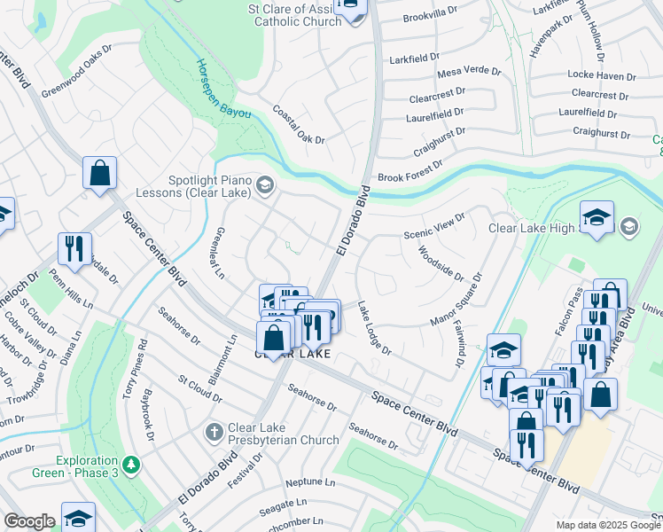 map of restaurants, bars, coffee shops, grocery stores, and more near 15702 Spring Court in Houston