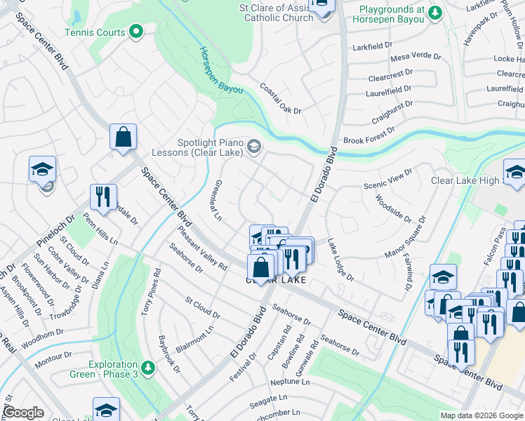 map of restaurants, bars, coffee shops, grocery stores, and more near 2030 Hillside Oak Lane in Houston