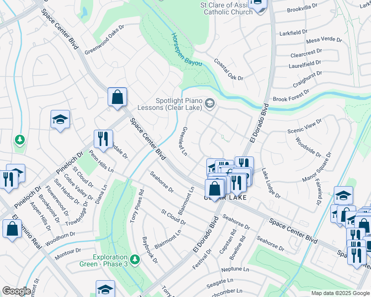map of restaurants, bars, coffee shops, grocery stores, and more near 15211 Greenleaf Lane in Houston