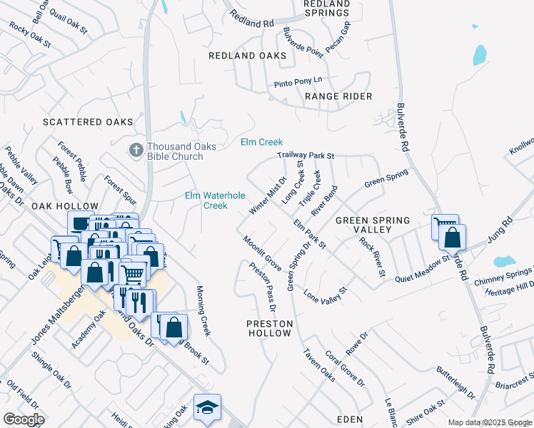 map of restaurants, bars, coffee shops, grocery stores, and more near 15406 Elm Park Street in San Antonio