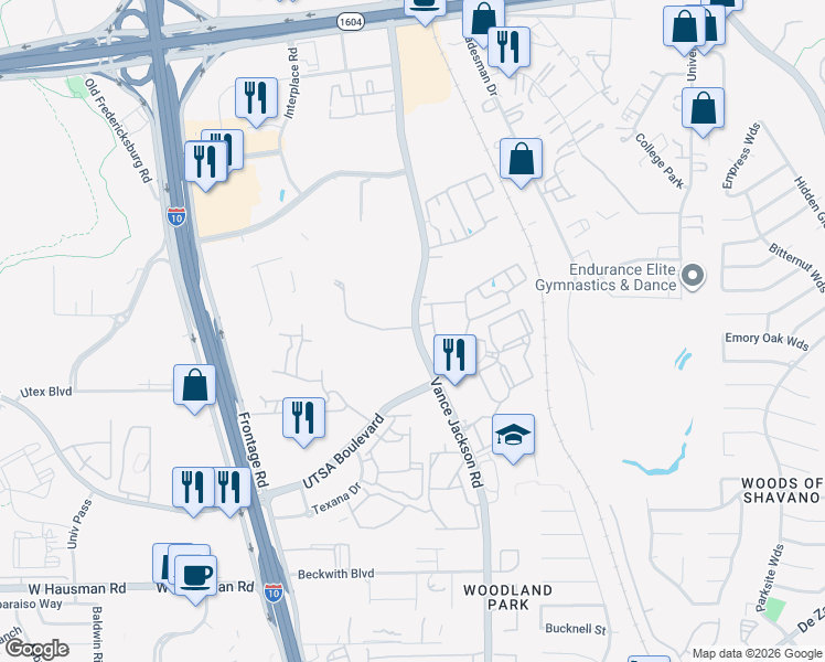 map of restaurants, bars, coffee shops, grocery stores, and more near 14801 Vance Jackson Road in San Antonio