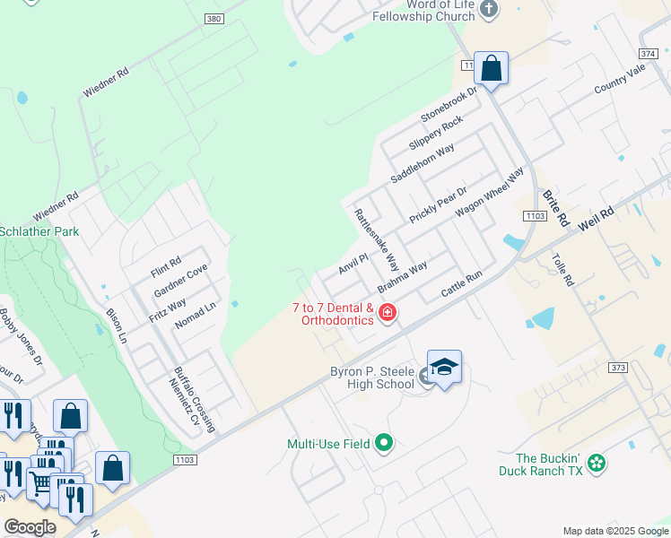 map of restaurants, bars, coffee shops, grocery stores, and more near 116 Anvil Place in Cibolo