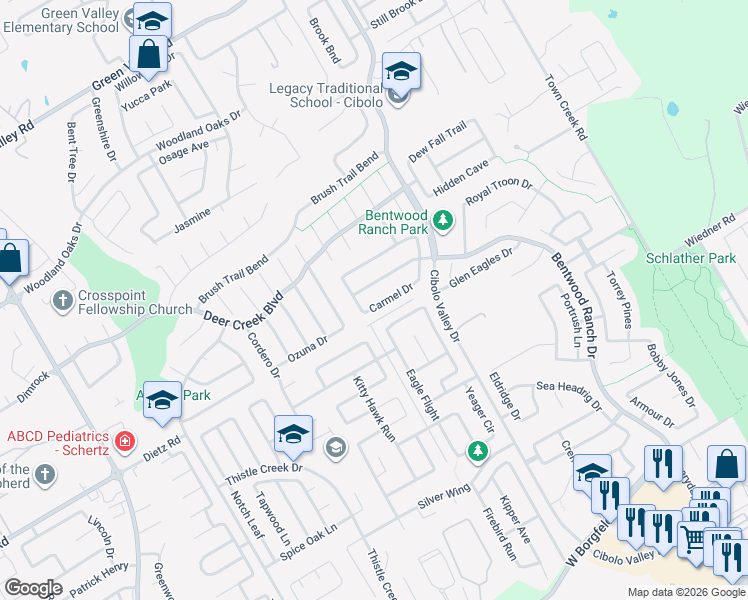 map of restaurants, bars, coffee shops, grocery stores, and more near 134 Carmel Drive in Cibolo