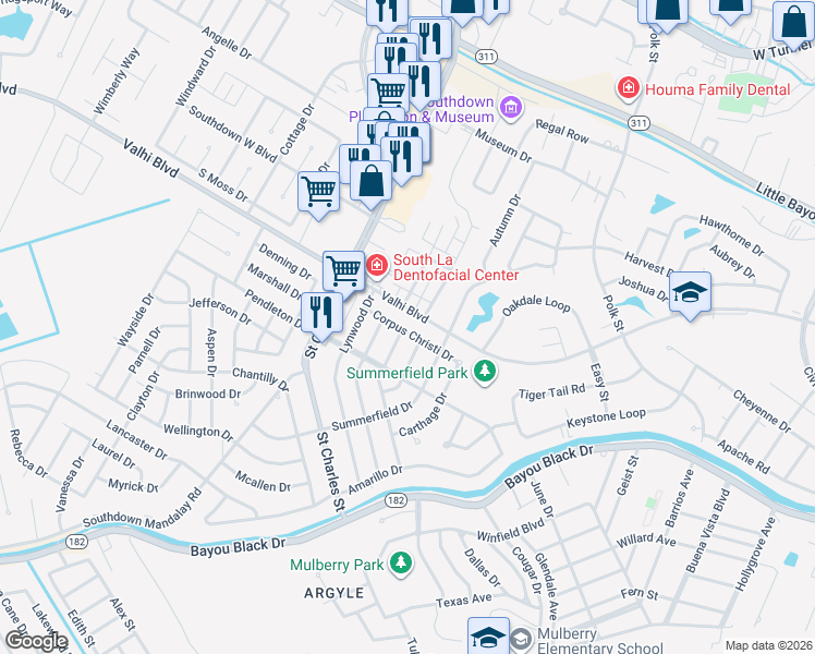 map of restaurants, bars, coffee shops, grocery stores, and more near 401 Corpus Christi Drive in Houma