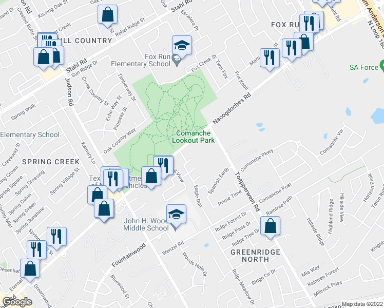 map of restaurants, bars, coffee shops, grocery stores, and more near 6423 Chimney Nest in San Antonio