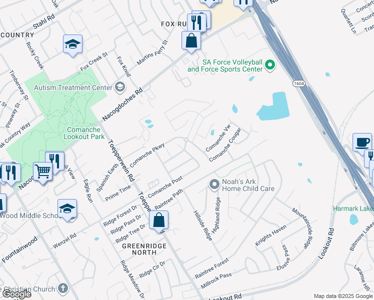 map of restaurants, bars, coffee shops, grocery stores, and more near 15246 Comanche Mist in San Antonio