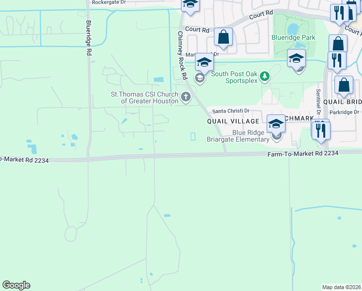 map of restaurants, bars, coffee shops, grocery stores, and more near 6440-6548 Farm-To-Market Road 2334 in Houston