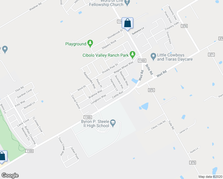 map of restaurants, bars, coffee shops, grocery stores, and more near 336 Longhorn Way in Cibolo