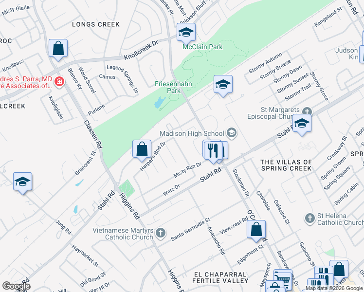map of restaurants, bars, coffee shops, grocery stores, and more near 15038 Misty Bend Drive in San Antonio