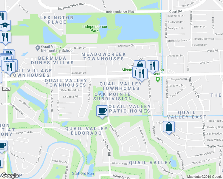 map of restaurants, bars, coffee shops, grocery stores, and more near 2920 Cambridge Lane in Missouri City