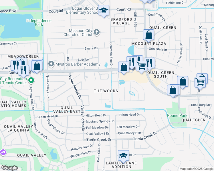 map of restaurants, bars, coffee shops, grocery stores, and more near 1915 Wood Trails Court in Missouri City
