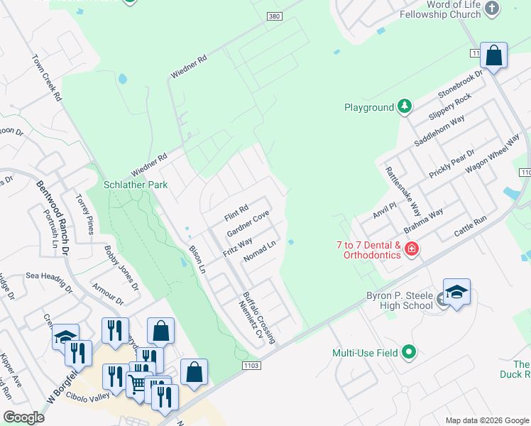 map of restaurants, bars, coffee shops, grocery stores, and more near Gardner Cove in Cibolo