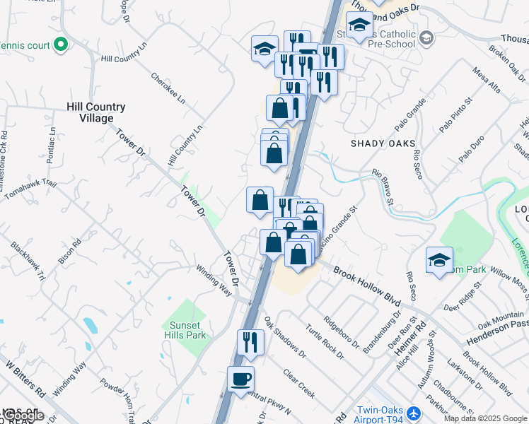 map of restaurants, bars, coffee shops, grocery stores, and more near 15315 San Pedro Avenue in Hill Country Village