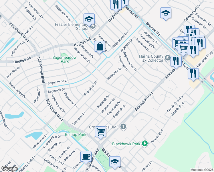 map of restaurants, bars, coffee shops, grocery stores, and more near 10303 Sagegate Drive in Houston