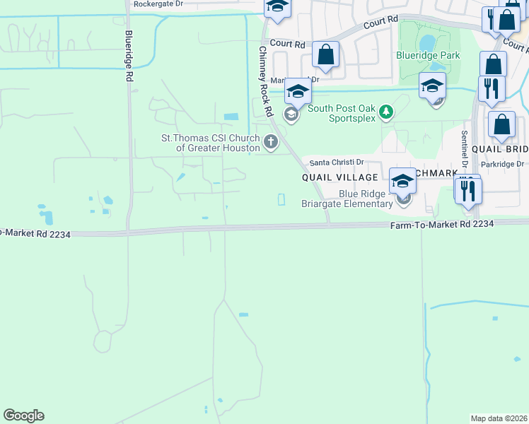 map of restaurants, bars, coffee shops, grocery stores, and more near 6440-6548 Farm-To-Market Road 2334 in Houston