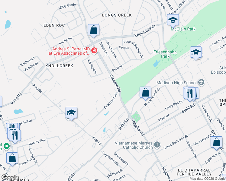 map of restaurants, bars, coffee shops, grocery stores, and more near 14430 Briarmall Street in San Antonio