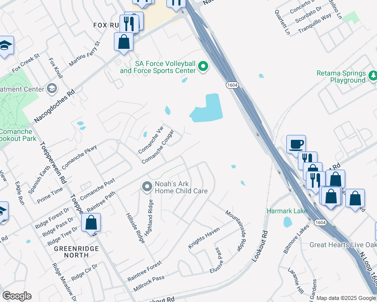 map of restaurants, bars, coffee shops, grocery stores, and more near 6942 Raintree Path in San Antonio