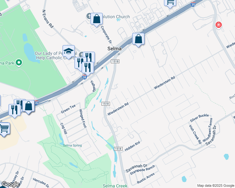 map of restaurants, bars, coffee shops, grocery stores, and more near 15608 Capri Lane in Schertz
