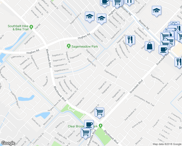 map of restaurants, bars, coffee shops, grocery stores, and more near 10203 Sageplum Drive in Houston