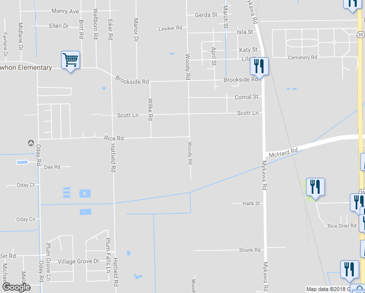 map of restaurants, bars, coffee shops, grocery stores, and more near 6608 Rice Road in Pearland