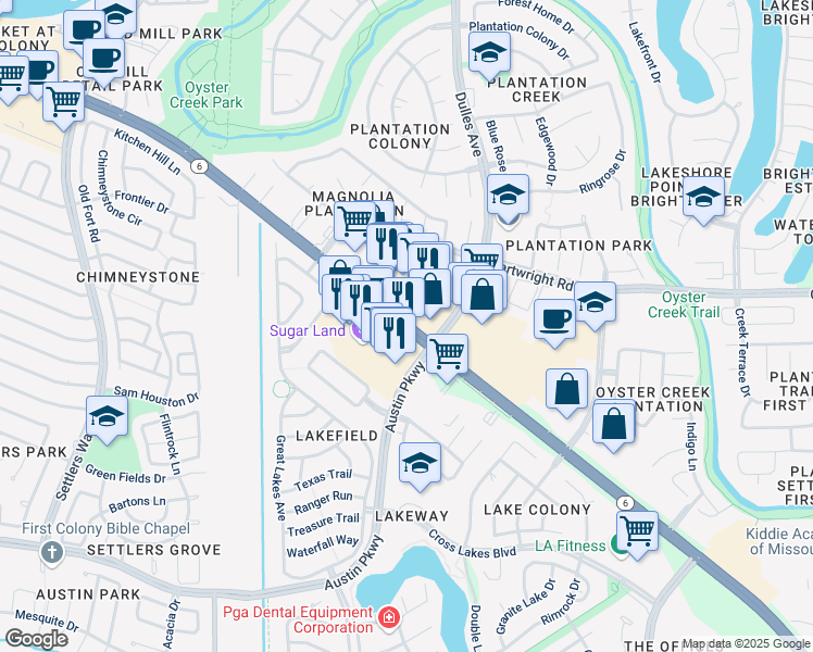 map of restaurants, bars, coffee shops, grocery stores, and more near 4650 Highway 6 in Sugar Land