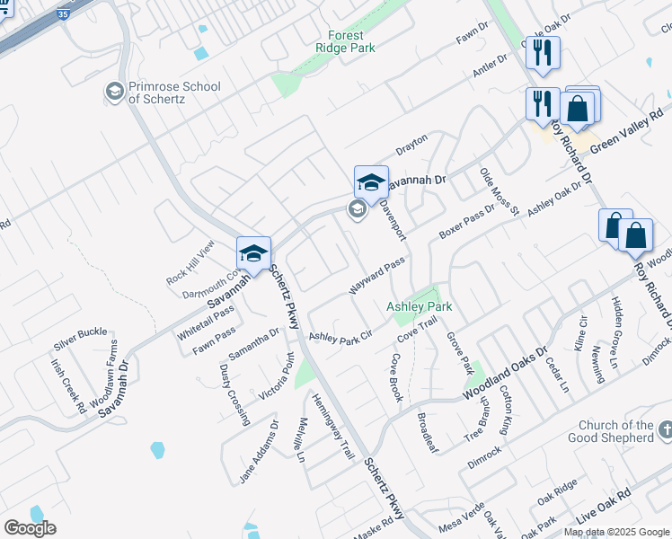 map of restaurants, bars, coffee shops, grocery stores, and more near 3501 Hamilton Place in Schertz