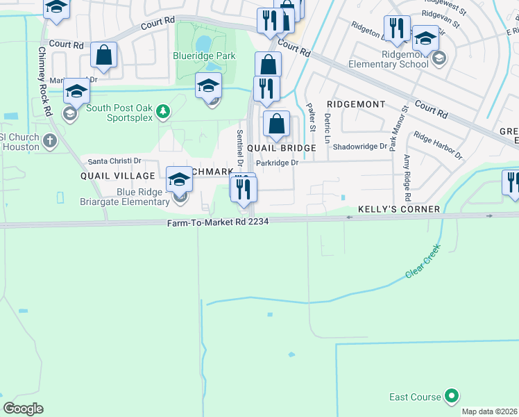 map of restaurants, bars, coffee shops, grocery stores, and more near 16955 South Post Oak Road in Houston