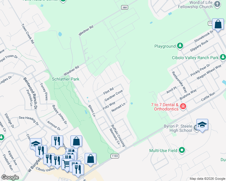 map of restaurants, bars, coffee shops, grocery stores, and more near 253 Flint Road in Cibolo