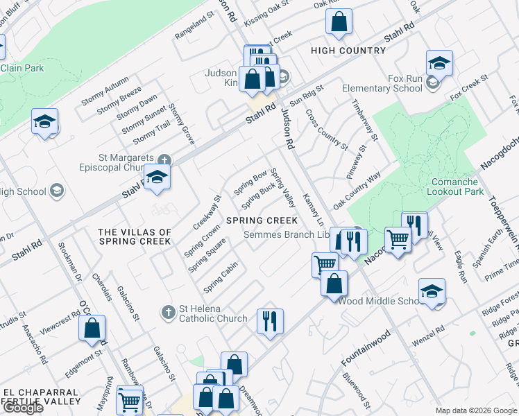 map of restaurants, bars, coffee shops, grocery stores, and more near 5935 Spring Crossing in San Antonio