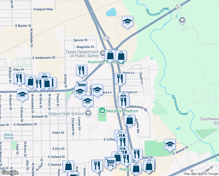 map of restaurants, bars, coffee shops, grocery stores, and more near 1335 Mockingbird Lane in Seguin