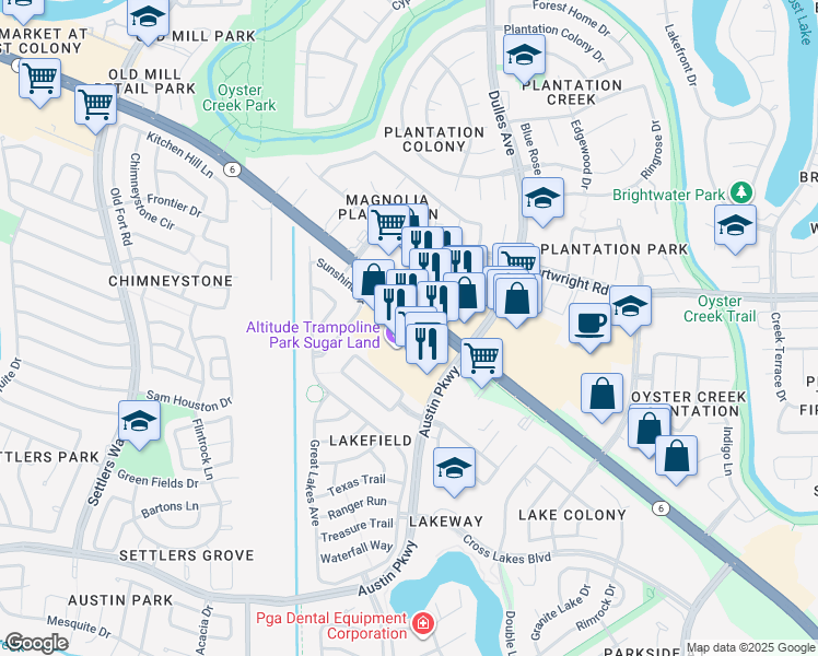 map of restaurants, bars, coffee shops, grocery stores, and more near 4530 Highway 6 in Sugar Land
