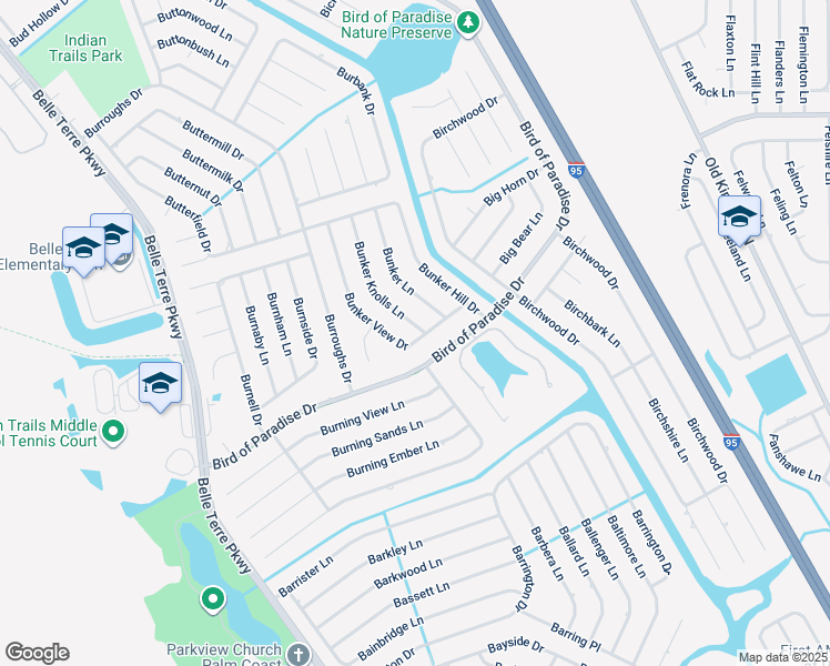 map of restaurants, bars, coffee shops, grocery stores, and more near 1 Bunker Knolls Lane in Palm Coast