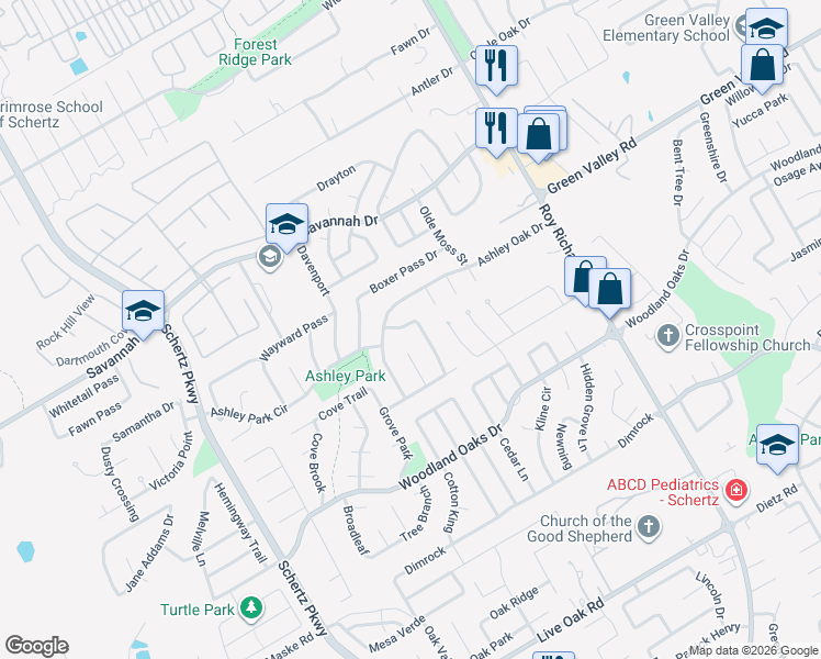 map of restaurants, bars, coffee shops, grocery stores, and more near 1012 Bridgemont Place in Schertz