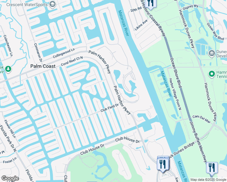 map of restaurants, bars, coffee shops, grocery stores, and more near 24 Coral Reef Court North in Palm Coast