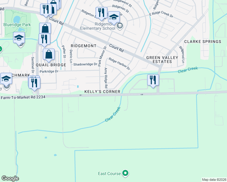 map of restaurants, bars, coffee shops, grocery stores, and more near 16711 Lazy Ridge Road in Houston