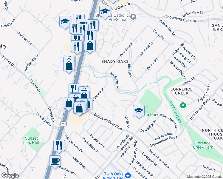 map of restaurants, bars, coffee shops, grocery stores, and more near 113 Rio Bravo in San Antonio