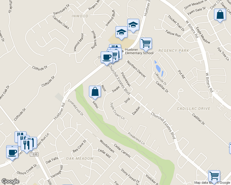 map of restaurants, bars, coffee shops, grocery stores, and more near 14807 Swale in San Antonio