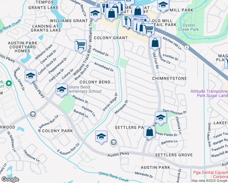 map of restaurants, bars, coffee shops, grocery stores, and more near 2822 Pecan Ridge Drive in Sugar Land