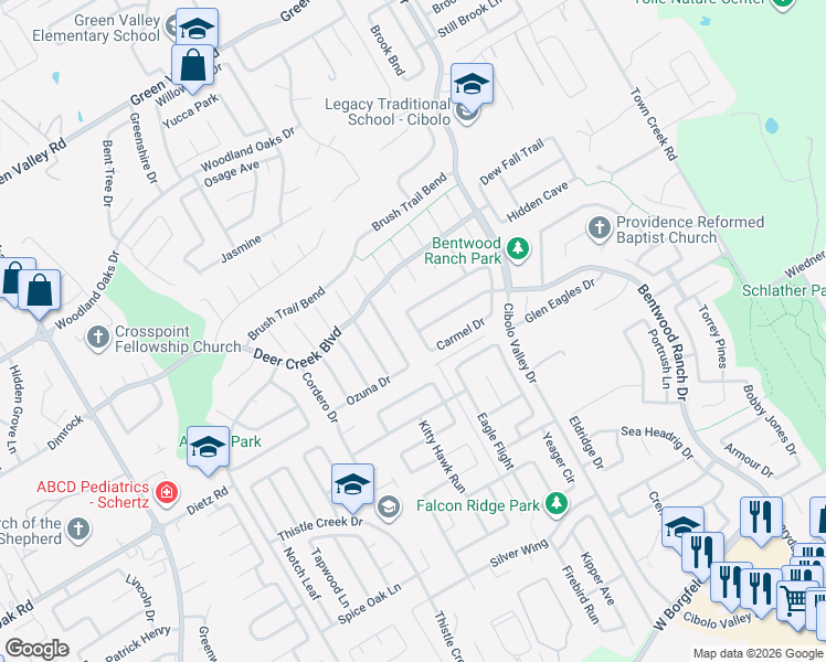 map of restaurants, bars, coffee shops, grocery stores, and more near 125 Fazio Drive in Cibolo