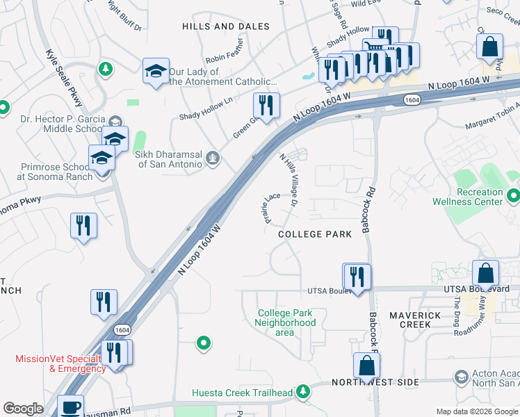 map of restaurants, bars, coffee shops, grocery stores, and more near 7530 Prairie Lace in San Antonio