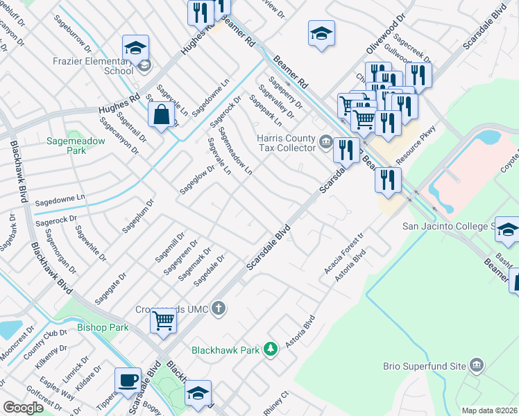 map of restaurants, bars, coffee shops, grocery stores, and more near 11634 Sagevale Lane in Houston