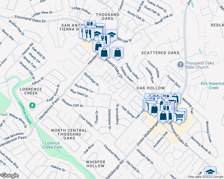 map of restaurants, bars, coffee shops, grocery stores, and more near 2626 Thousand Oaks Drive in San Antonio
